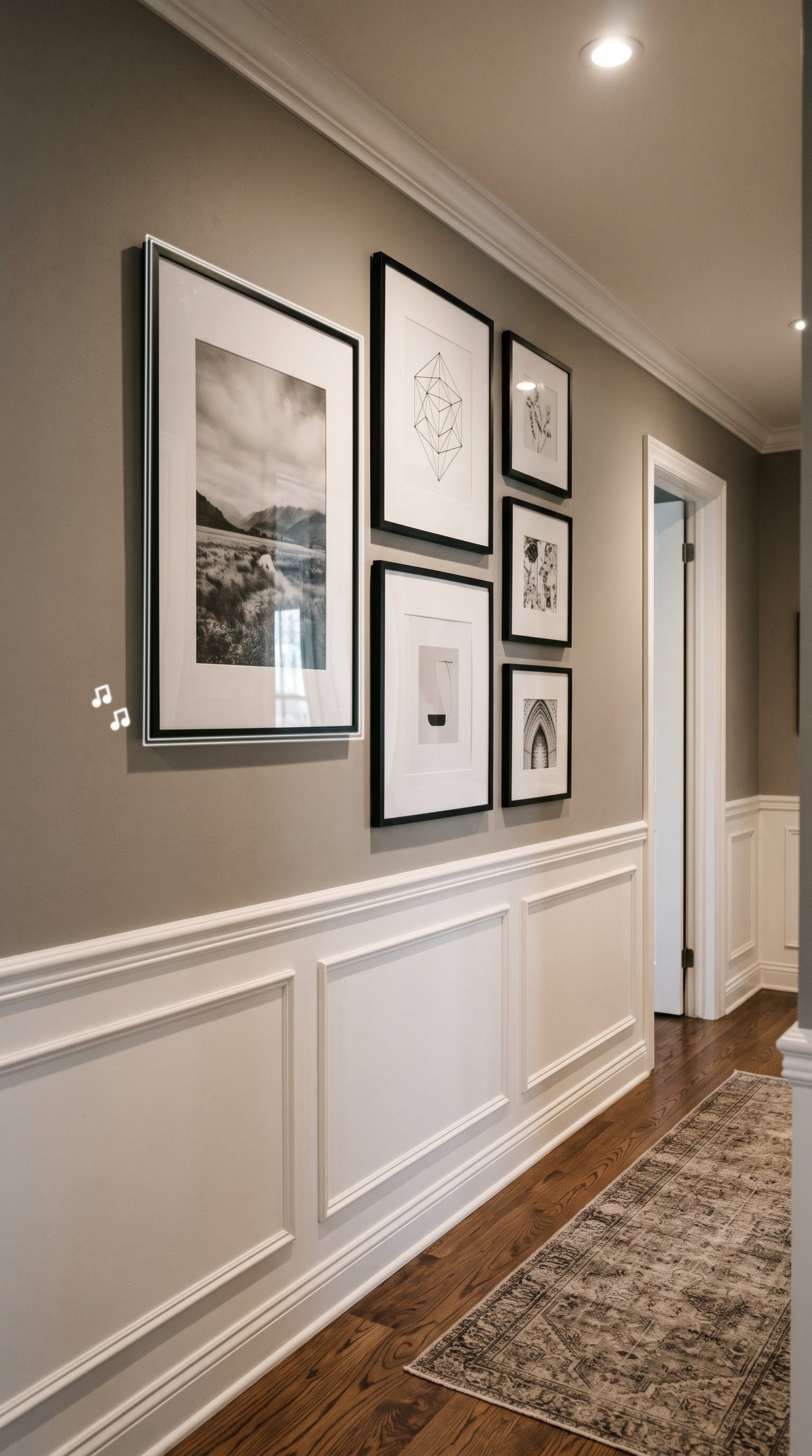 A gallery wall with six framed black-and-white architectural and landscape prints mounted on a taupe-gray wall above white wainscoting, in a hallway with hardwood floors and a patterned rug.